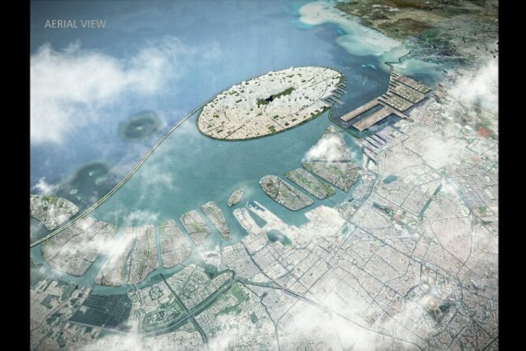 Aerial view pulau reklamasi dalam konsep Jakarta Jaya: The Green Manhattan.