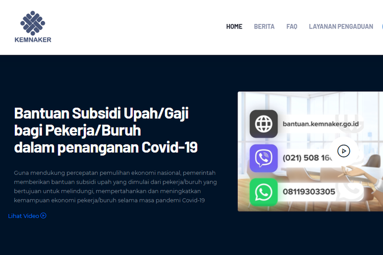 Tangkapan layar situs resmi Kemnaker untuk pengecekan Bantuan Subsidi Upah (BSU).