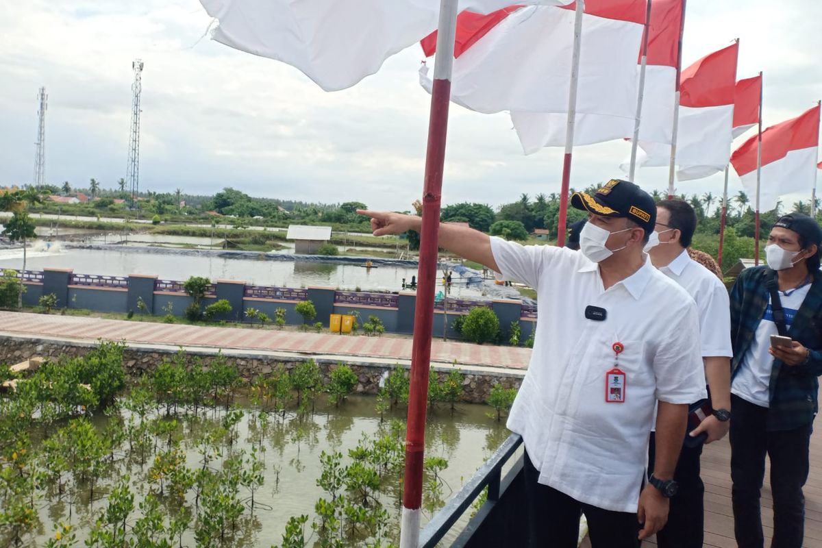 Bupati Tangerang Ahmed Zaki Iskandar meninjau Ketapang Aquaculture di Desa Ketapang, Kecamatan Mauk, Kabupaten Tangerang, lokasi Pemsea Meeting Summit 2022.