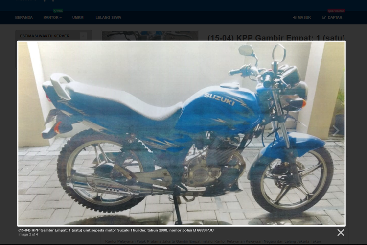 Tangkapan layar laman lelang Suzuki Thunder di situs lelang.go.id.
