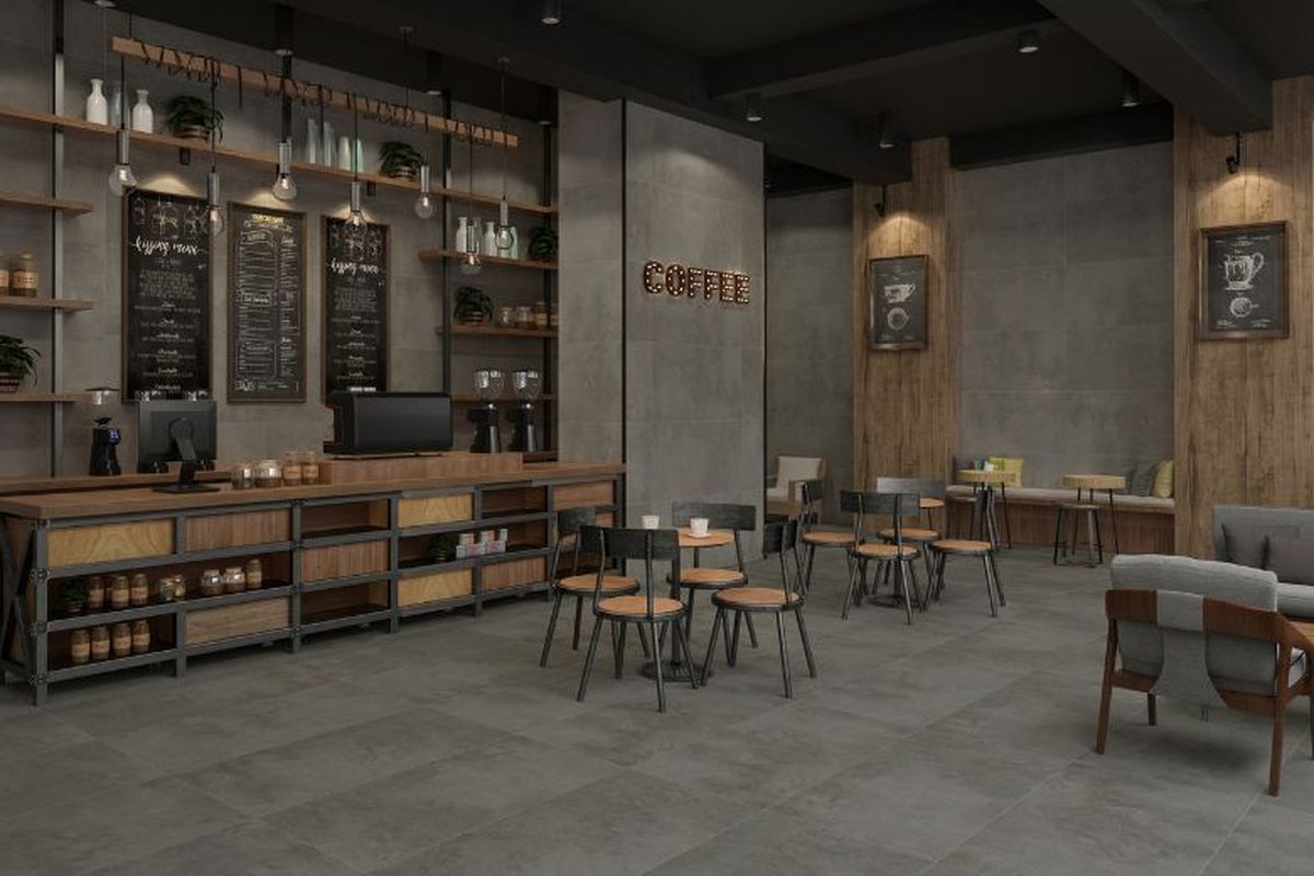 Lantai dan dinding dConcreto Charcoal 120x60 cm (RomanGranit Design Mood). 

