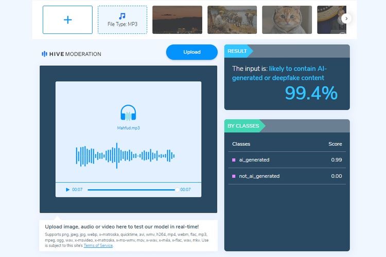 Hasil pemeriksaan Hive Moderation terhadap suara Mahfud MD mengumumkan bansos.