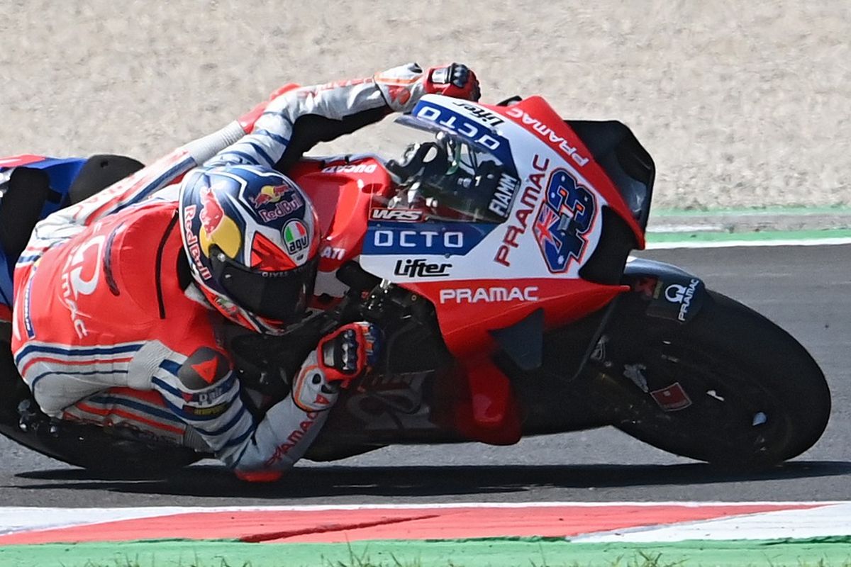 Pebalap Pramac Ducati, Jack Miller, saat berlaga di MotoGP San Marino. (Photo by ANDREAS SOLARO / AFP)