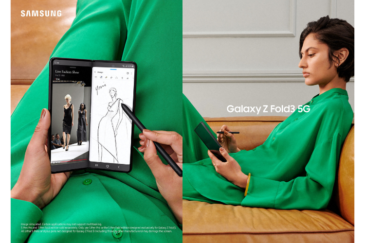 Ilustrasi orang sedang menggunakan S Pen pada Galaxy Z Fold3. 