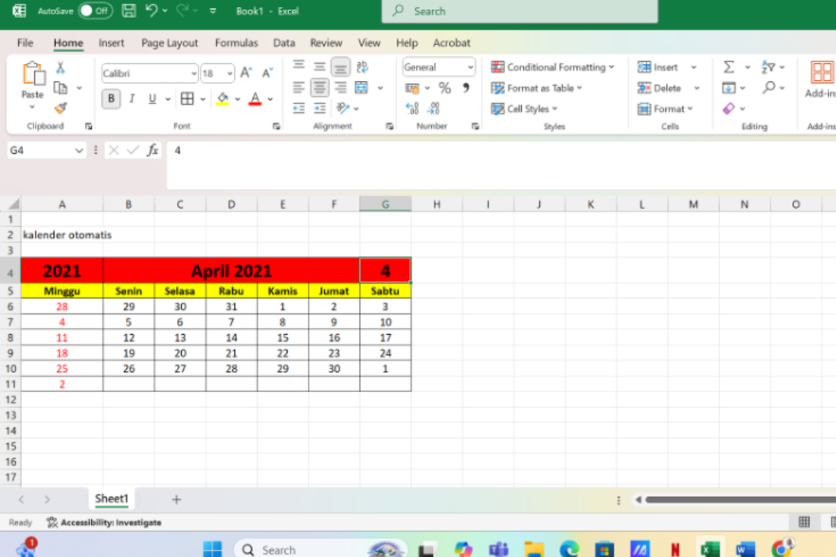 Ilustrasi cara buat kalender otomatis di Excel