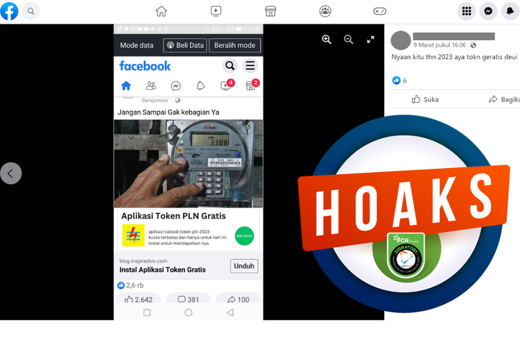 Tangkapan layar unggahan hoaks di sebuah akun Facebook, 7 Maret 2023, soal aplikasi menawarkan token listrik gratis mengatasnamakan PLN.