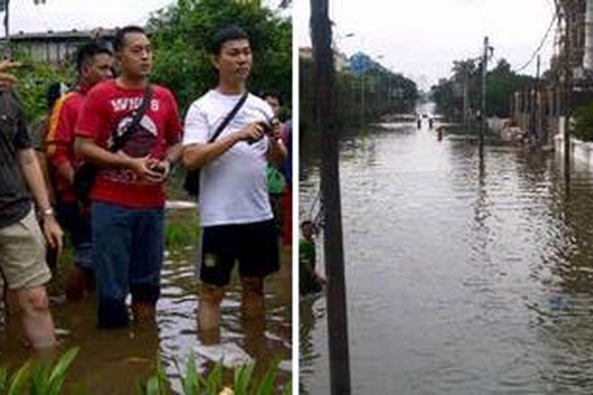 Foto kiri: Wakil Gubernur DKI Jakarta Basuki Tjahaja Purnama mamantau situasi banjir di kawasan Pluit. Foto Kanan: Situasi banjir di Pantai Mutiara.