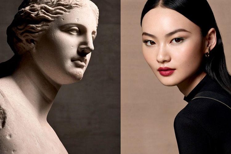 Venus de Milo, patung Yunani Helenistik yang bagian tubuhnya hilang sebagian, menjadi inspirasi reinkarnasi dari model fesyen asal Tiongkok, He Cong.
