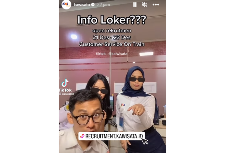 Tangkapan layar Instagram Story akun KAI Wisata yang menginformasikan adanya lowongan kerja.