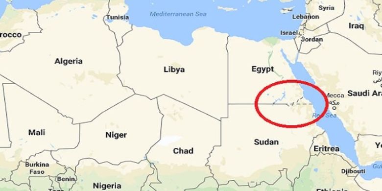 Bagian yang dilingkari di dalam peta ini menunjukkan lokasi Bir Tawil, wilayah tak bertuan di antara Mesir dan Sudan.