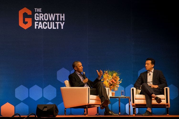 Mantan Presiden Amerika Serikat Barack Obama berbicara di Acara bertajuk In Conversation with President Barack Obama yang digelar oleh The Growth Faculty di Expo, Singapura, Senin pagi (16/11/2019)(The Growth Faculty)