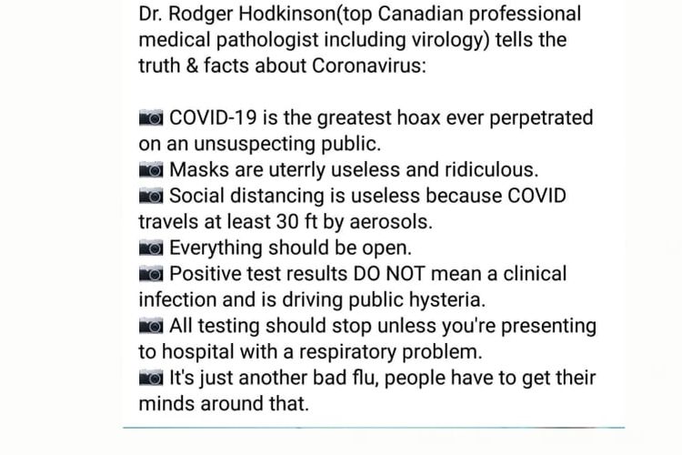 Status Facebook berisi klaim keliru mengenai Covid-19 yang disampaikan ahli patologi Rodger Hodkinson. 
