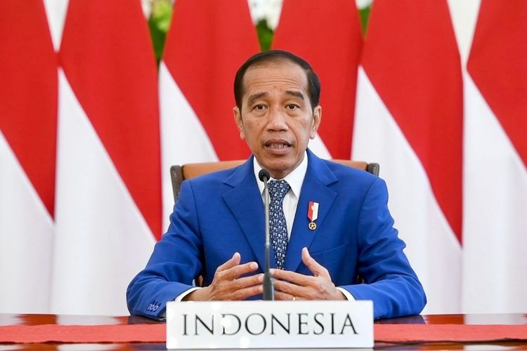 Presiden Joko Widodo saat menyampaikan pidatonya secara virtual pada High-level Dialogue on Global Development dari Istana Merdeka, Jakarta, pada Jumat (24/6/2022).