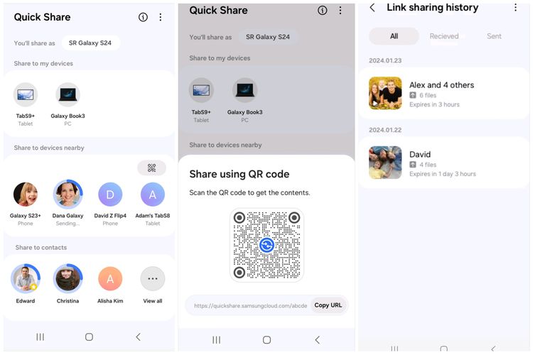 Fitur Quick Share di ponsel Samsung Galaxy bisa berbagi dengan opsi link atau QR code, sehingga pengguna Samsung bisa kirim file ke pengguna iPhone.