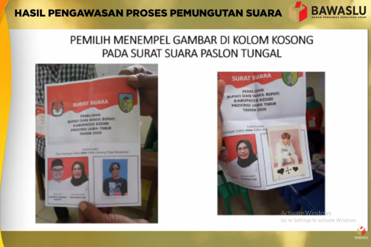 Tangkapan layar hasil pengawasan proses pemungutan suara di mana ditemukan pemilih menempel gambar di kolom kosong pada surat suara pasangan calon (paslon) tunggal, Rabu (9/12/2020).