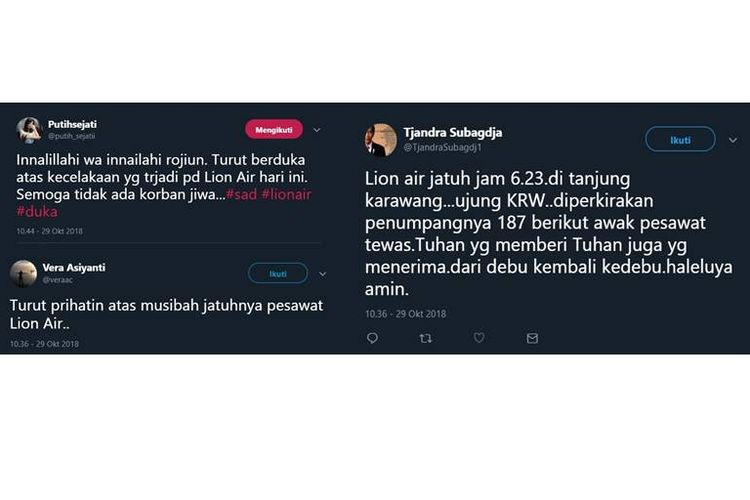 Jatuhnya pesawat Lion Air membuat beberapa netizen menugnkapkan duka citanya melalui media sosial, Twitter.
