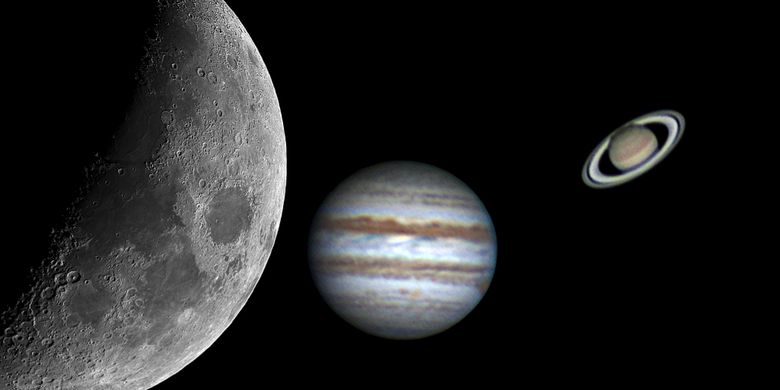 Ilustrasi fenomena langit triple konjungsi, teleskop menangkap penampakan bulan, jupiter, dan saturnus.