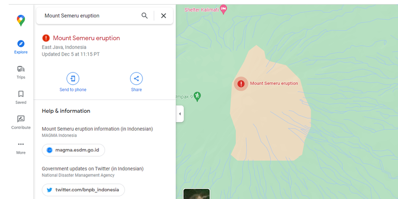 Tab Overview menampilkan peta area terdampak erupsi Gunung Semeru.