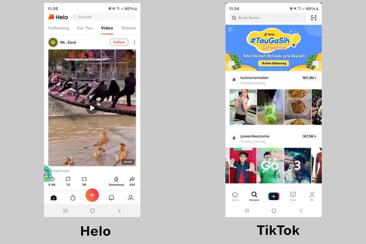 Tampilan search video di aplikasi Helo dan TikTok