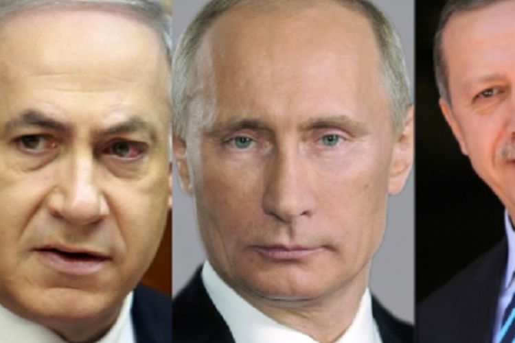 Benjamin Netanyahu (kiri), Vladimir Putin (tengah), dan Recep Tayyip Erdogan (kanan)