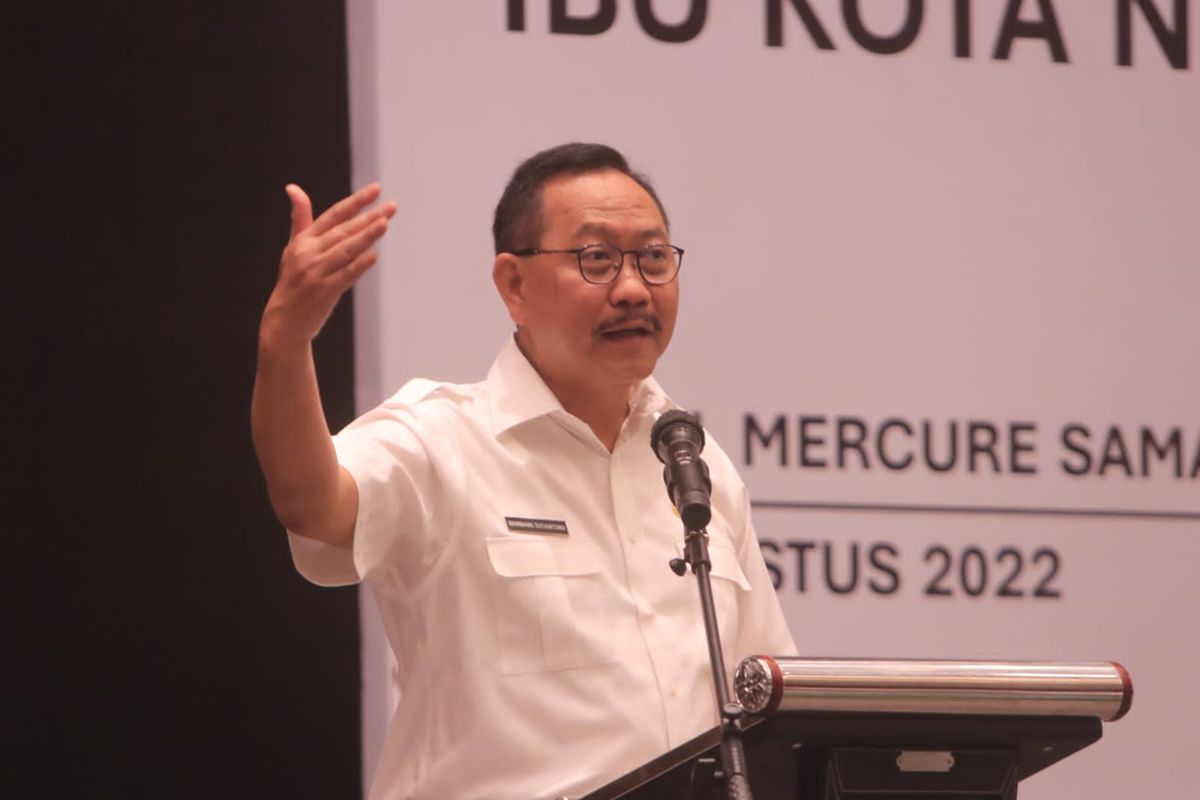 Kepala Otorita Ibu Kota Negara (IKN) Nusantara  Bambang Susantono saat seminar bertema Tata Kelola dalam Proses Pelaksanaan Pembangunan di Ibu Kota Nusantara, di Kota Samarinda, Senin (15/8/2022). 