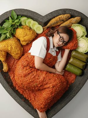 Contoh hasil prompt Gemini AI tentang tidur di atas cobek dengan pulas dan berselimut sambal.