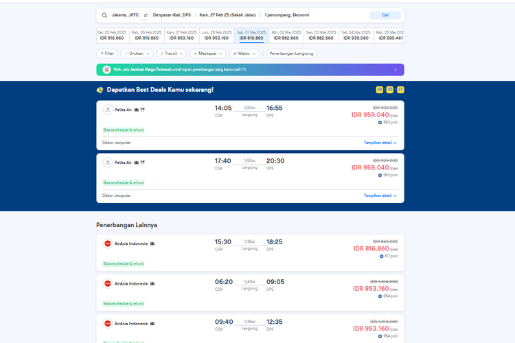 Menurut pantauan Kompas.com pada Rabu (22/1/2025) siang di laman Tiket.com, harga tiket pesawat Jakarta-Bali selama libur Ramadhan 2025 cenderung stabil.