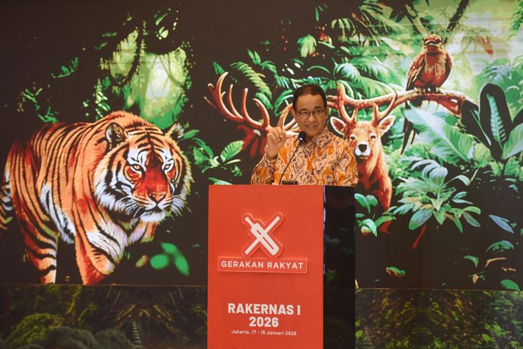 Anggota Kehormatan Gerakan Rakyat Anies Baswedan menyampaikan orasi kebangsaan pada Rakernas I 2026 Gerakan Rakyat di Jakarta, Sabtu (17/1/2026). Rakernas tersebut diisi dengan pelantikan pengurus Dewan Pimpinan Pusat Gerakan Rakyat periode 2025-2030 sekaligus penyampaian orasi kebangsaan dari Anies Baswedan dengan tema Keadilan Ekologis: Kembalikan Hutan Indonesia.