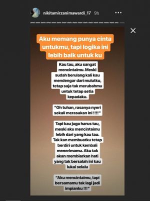 Status Instagram Story Nikita Mirzani mengungkap keteguhannya untuk berpisah dari seorang pria yang sangat ia cintai, Selasa (17/7/2018).