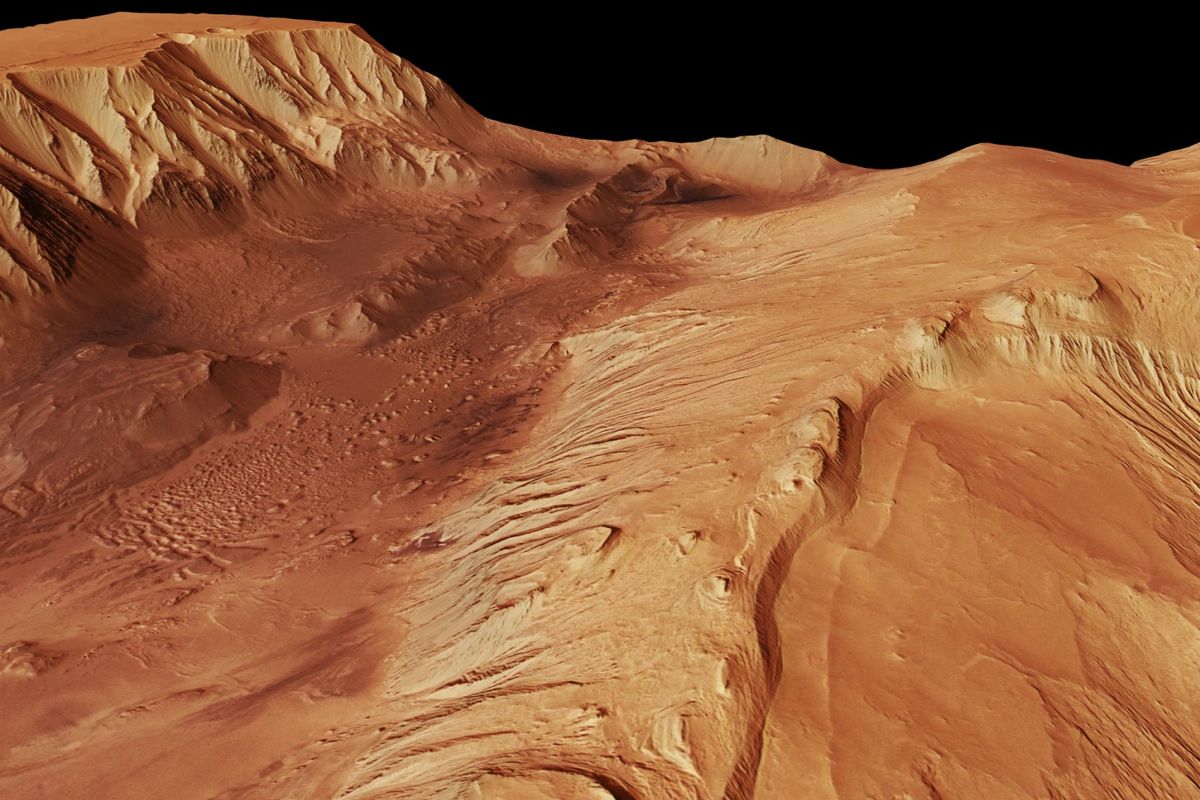Foto Candor Chasma, salah satu ngarai terbesar di bagian utara Valles Marineris, diambil pengorbit Mars Express pada Juli 2006. Analisis data foto ngarai di planet merah, ilmuwan menemukan potensi air di Mars dalam jumlah besar di sistem ngarai yang mirip Grand Canyon tersebut.