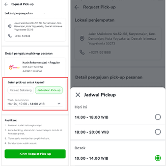 Cara mengatur jadwal pick-up layanan Kurir Rekomendasi di Tokopedia.