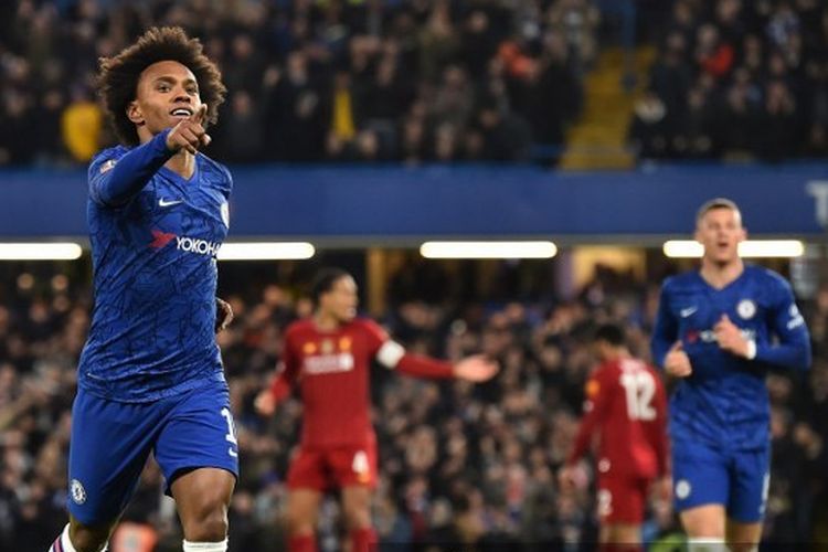 Willian melakukan selebrasi usai mencetak gol pada laga Chelsea vs Liverpool di Stadion Stamford Bridge, Selasa (3/3/2020) atau Rabu dini hari WIB. 