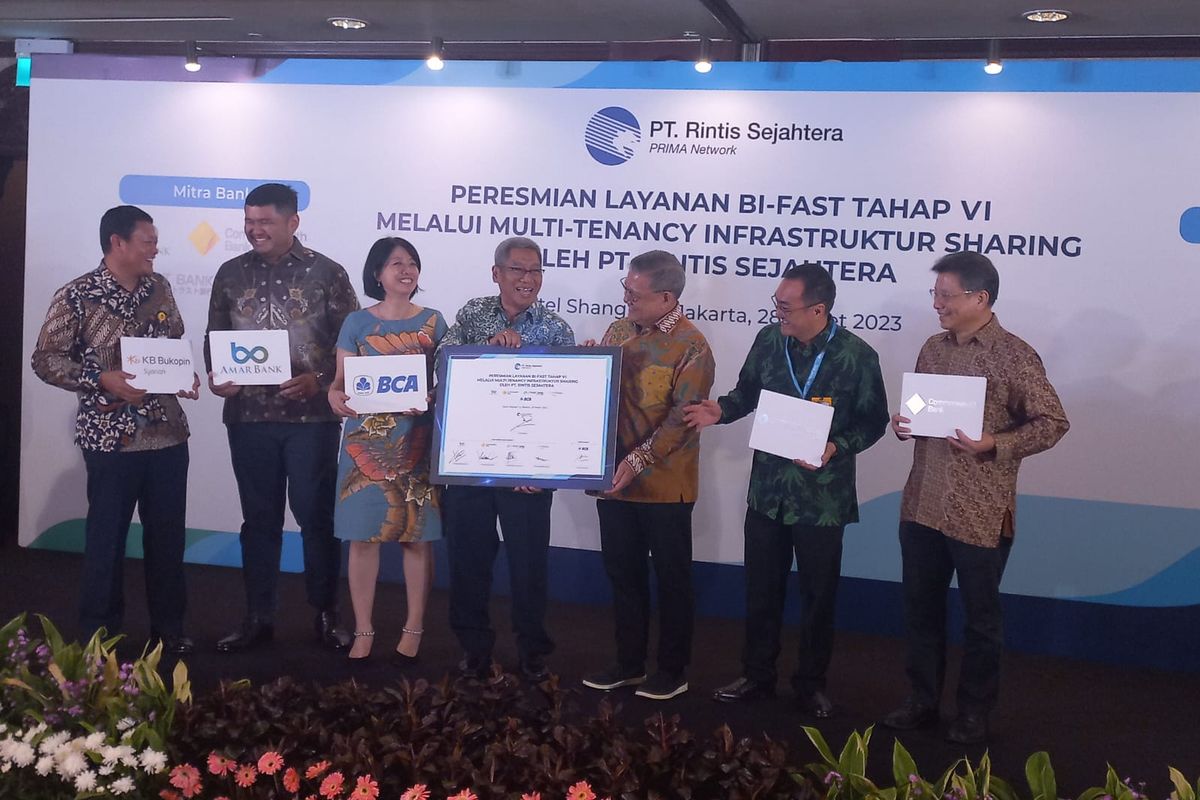 Acara peresmian kerja sama Layanan BI Fast Peserta Tahap VI Melalui Multi-Tenancy Infrastruktur Sharing oleh PT Rintis, Selasa (28/3/2023)