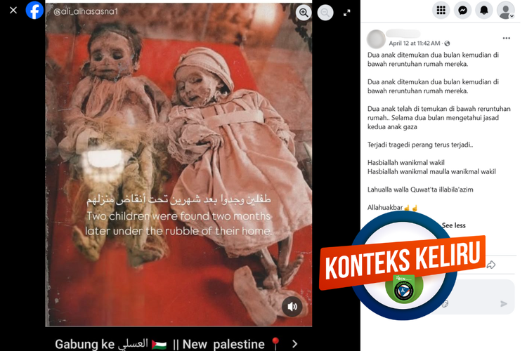 Tangkapan layar konten dengan konteks keliru di sebuah akun Facebook, 12 April 2025, mengenai dua anak korban reruntuhan yang ditemukan setelah dua bulan.