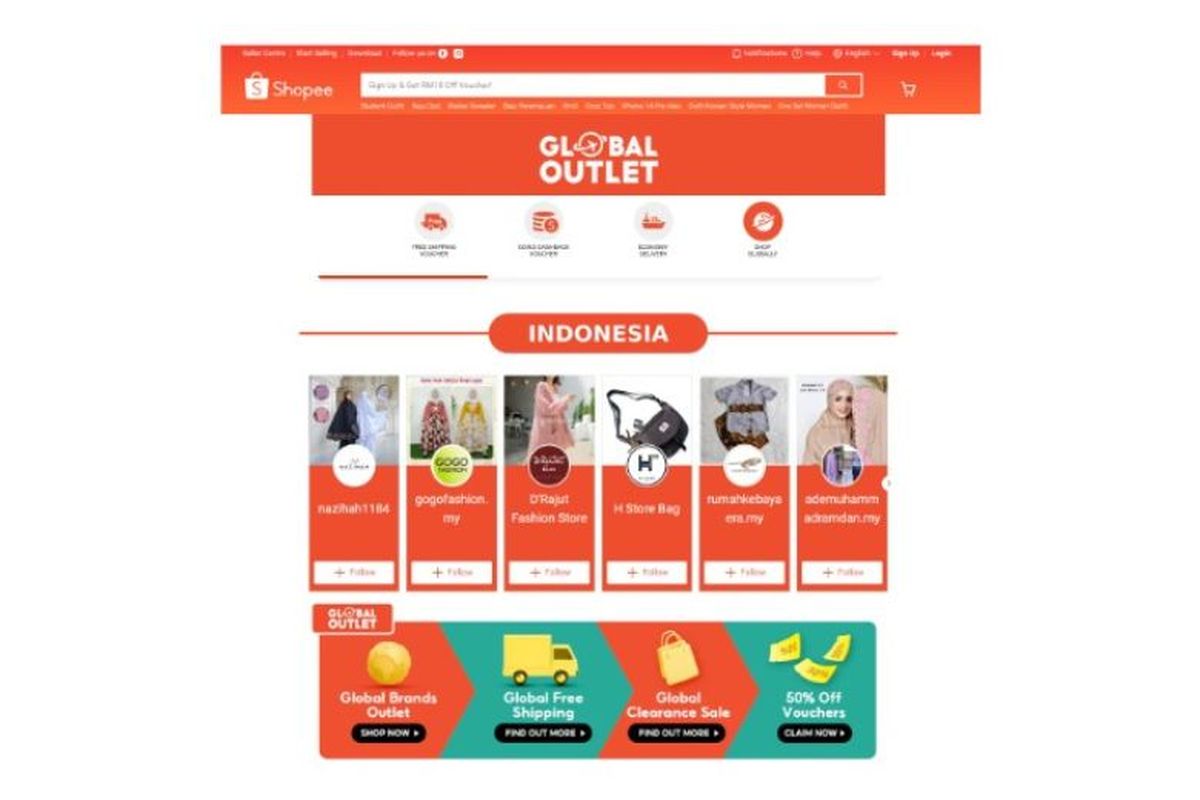 Tangkapan layar halaman khusus Global Outlet. Shopee menyediakan laman khusus ini untuk memudahkan pengguna menemukan berbagai promo-promo menarik yang tersedia di berbagai negara, termasuk Indonesia. 
