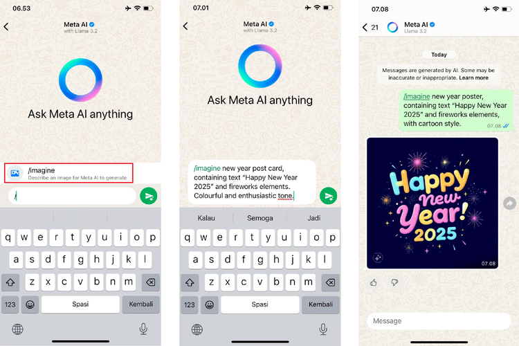 Ilustrasi cara membuat gambar ucapan selamat Tahun Baru 2025 via Meta AI WhatsApp.