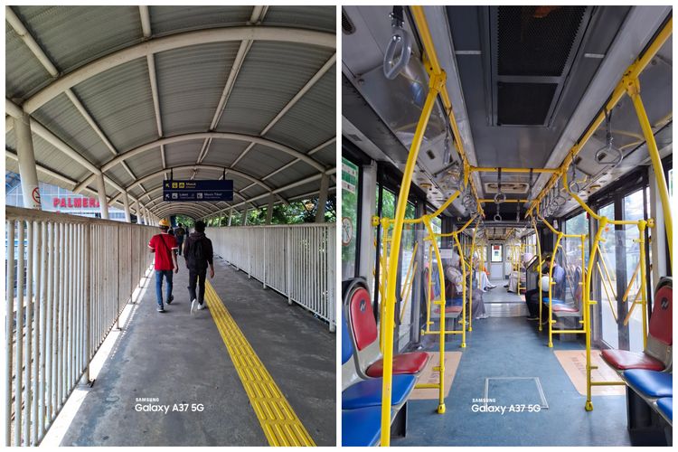 Hasil foto kamera utama Galaxy A37 5G ketika sedang memotret sambil berjalan kaki (kiri) dan sedang ada di dalam kendaraan Transjakarta (kanan).