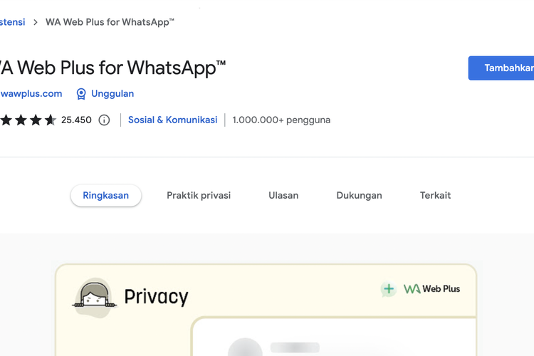 ilustrasi ekstensi WA Web Plus di Google Chrome.