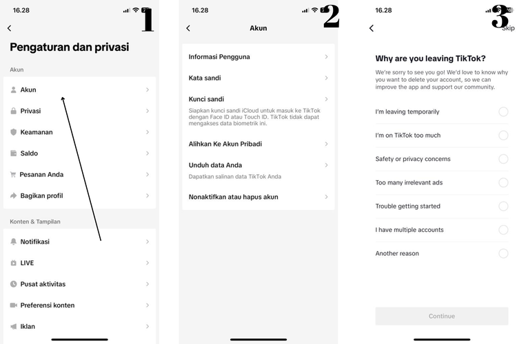 Ilustrasi cara menonaktifkan akun TikTok sementara dan menghapusnya