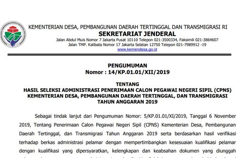 Kementerian Desa PDTT Umumkan Seleksi Adminstrasi CPNS 2019, 9.746 Peserta Lolos