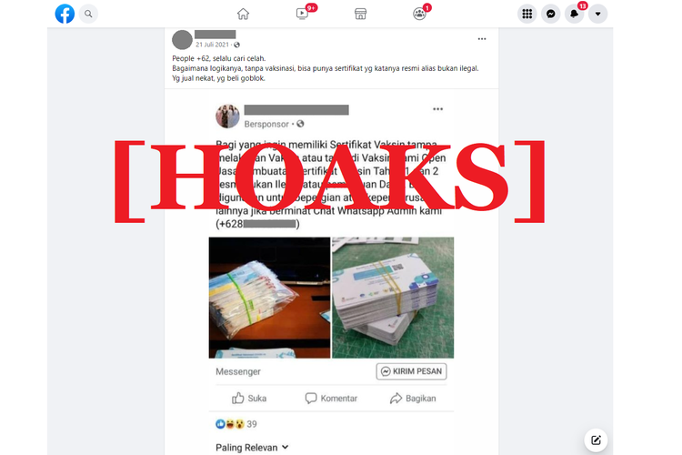 Tangkapan layar unggahan hoaks di sebuah akun Facebook, yang menawarkan jasa pembuatan sertifikat vaksin Covid-19 resmi tanpa perlu suntik