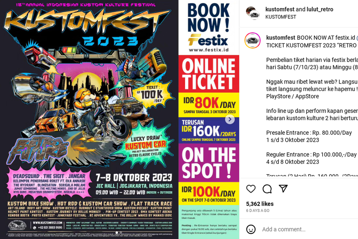 Kustomfest 2023 diselenggarakan dua hari 7-8 Oktober 2023 di Jogja Expo Centre (JEC).