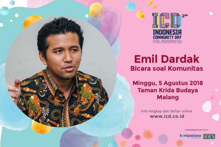 Wakil Gubernur Jawa Timur Emil Dardak dijadwalkan menjadi Keynote Speaker di acara Indonesia Community Day (ICD 2018) yang diselenggarakan oleh Kompasiana di Krida Budaya, Malang, Minggu (5/8/2018).
