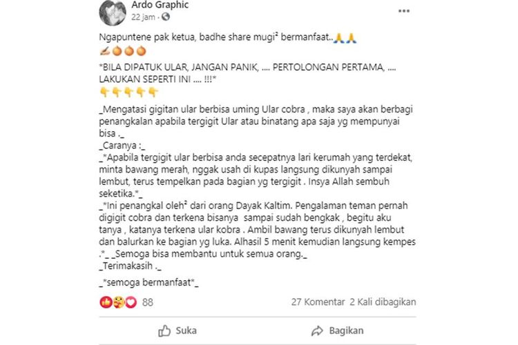 Tangkapan layar unggahan hoaks penanganan digigit ular berbisa dengan bawang merah.