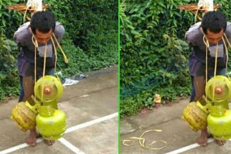 Pelaku pencurian tabung gas 3 kilogram dihukum warga dengan cara diikat dan dikalungi tabung gas 3 kg di Bogor.