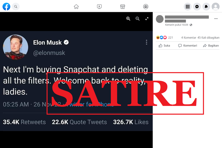 Tangkapan layar unggahan dengan narasi satire di sebuah akun Facebook, Rabu (30/11/2022), berisi tangkapan layar twit Elon Musk yang akan membeli Snapchat.