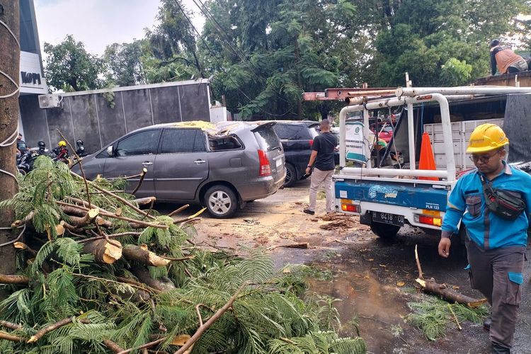 Hujan disertai angin terjadi di Kota Solo, Jawa Tengah, membuat pohon tumbang menimpa tiga kendaraan, Kamis (19/1/2023).