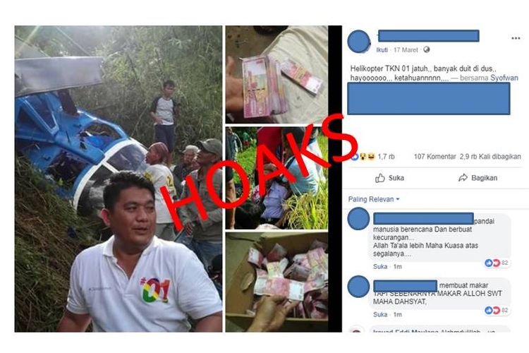 Hoaks foto dus berisi uang pecahan Rp 100.000 ditemukan dalam helikopter BO-105 PKEAH di Tasikmalaya.