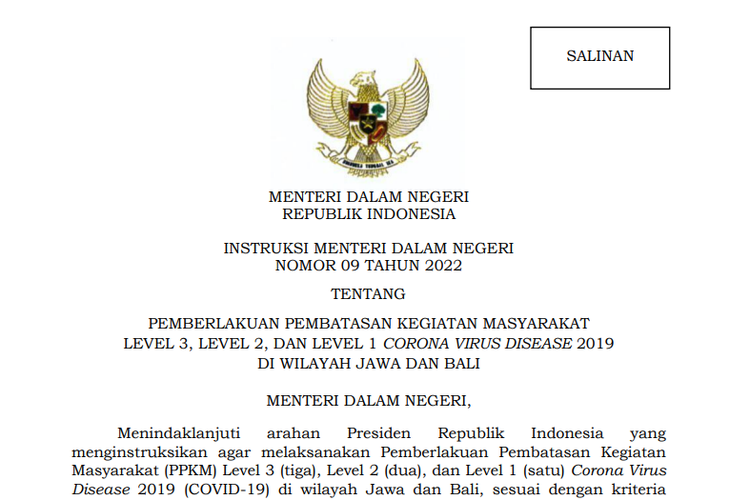 Tangkapan layar Instruksi Menteri Dalam Negeri (Inmendagri) Nomor 9 Tahun 2022.