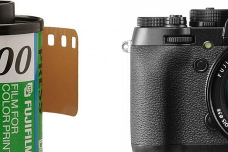 Ilustrasi film dan kamera mirrorless Fujifilm.